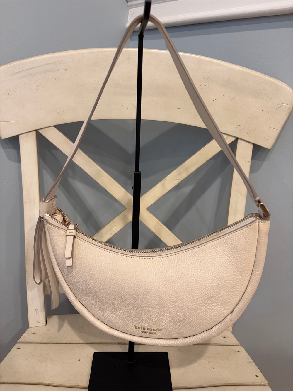 kate spade Cream Pebbled Leather Crescent Shoulder Bag with Tassel